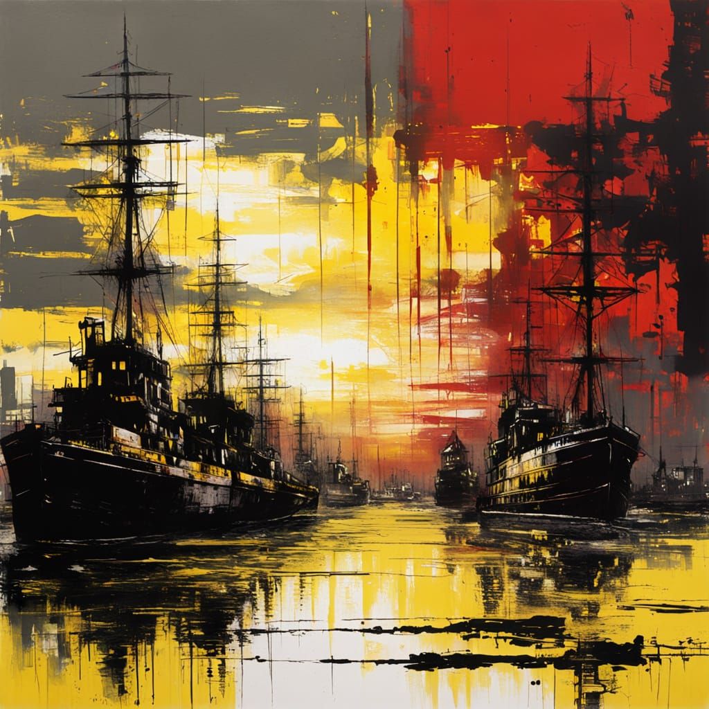 Dystopian Red Sunset in a Postapocalyptic Harbour