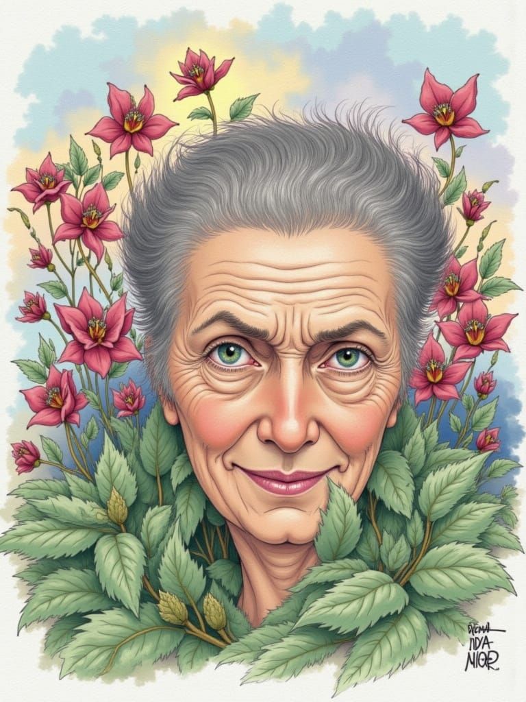 Elderly Woman With Silver Hair In Crimson Expressionism