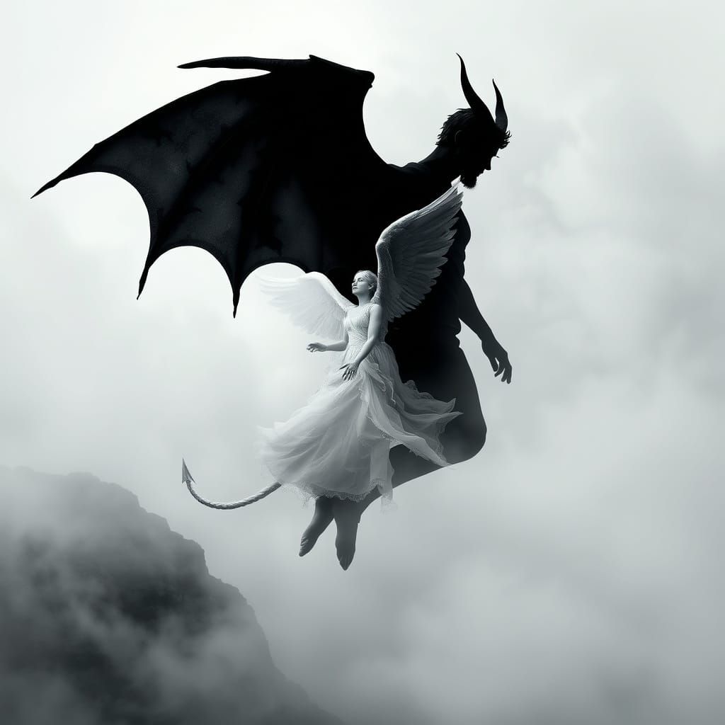 Double Exposure: Devil and Angel in Misty Landscape