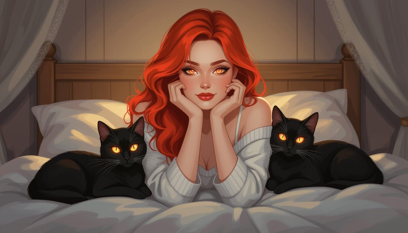 Redheaded Woman With Black Cats in Cozy Boudoir