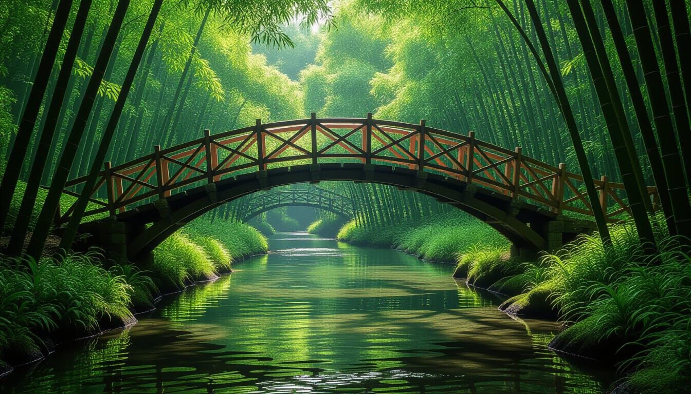 Serene Bamboo Bridge in Lush Sunlight