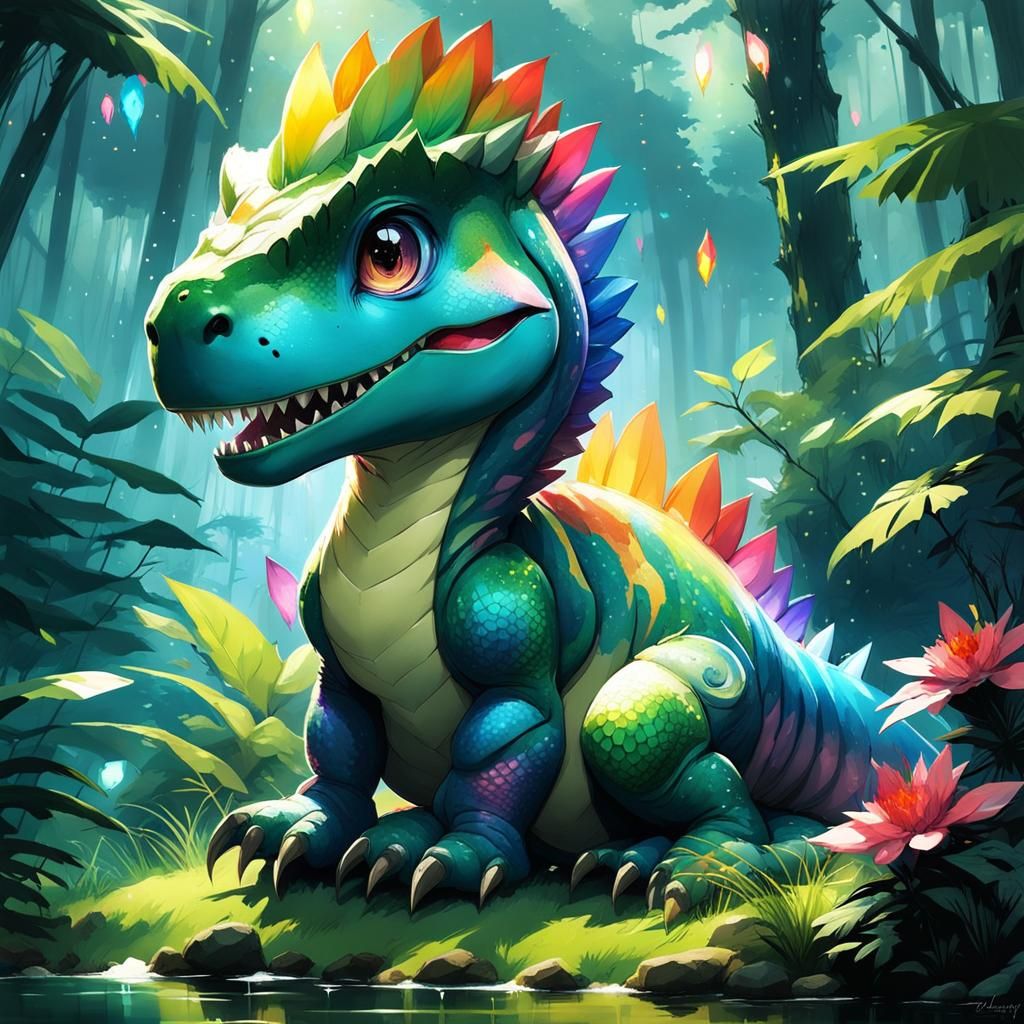 Chibi Baby and T-Rex in Whimsical Forest