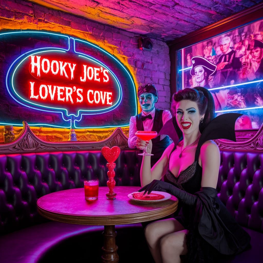 Underground Nightclub with Neon Sign and Vampire Woman