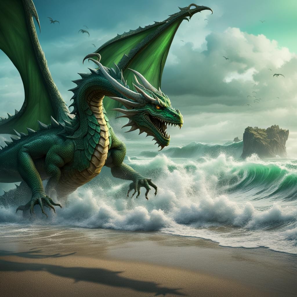 Green Dragon on a Wave-Swept Beach