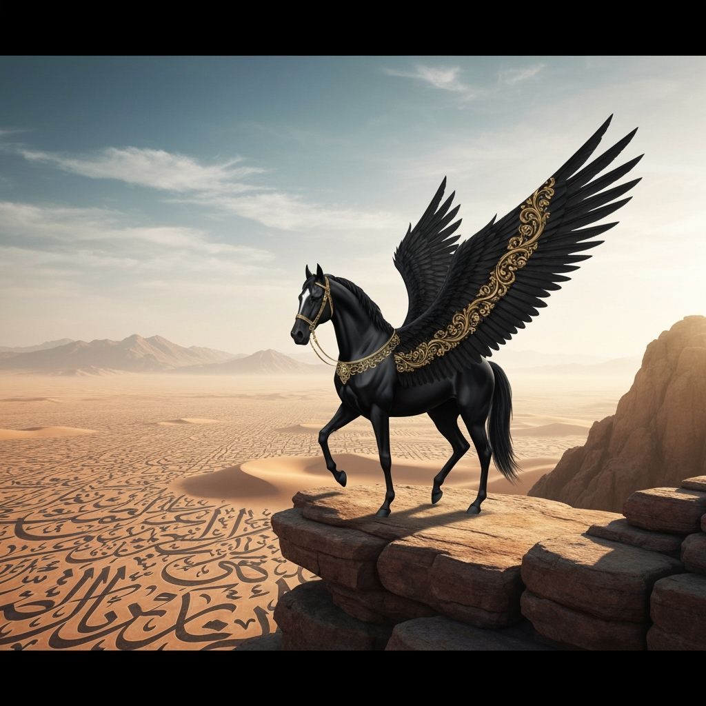 Black Winged Horse with Golden Patterns in Desert