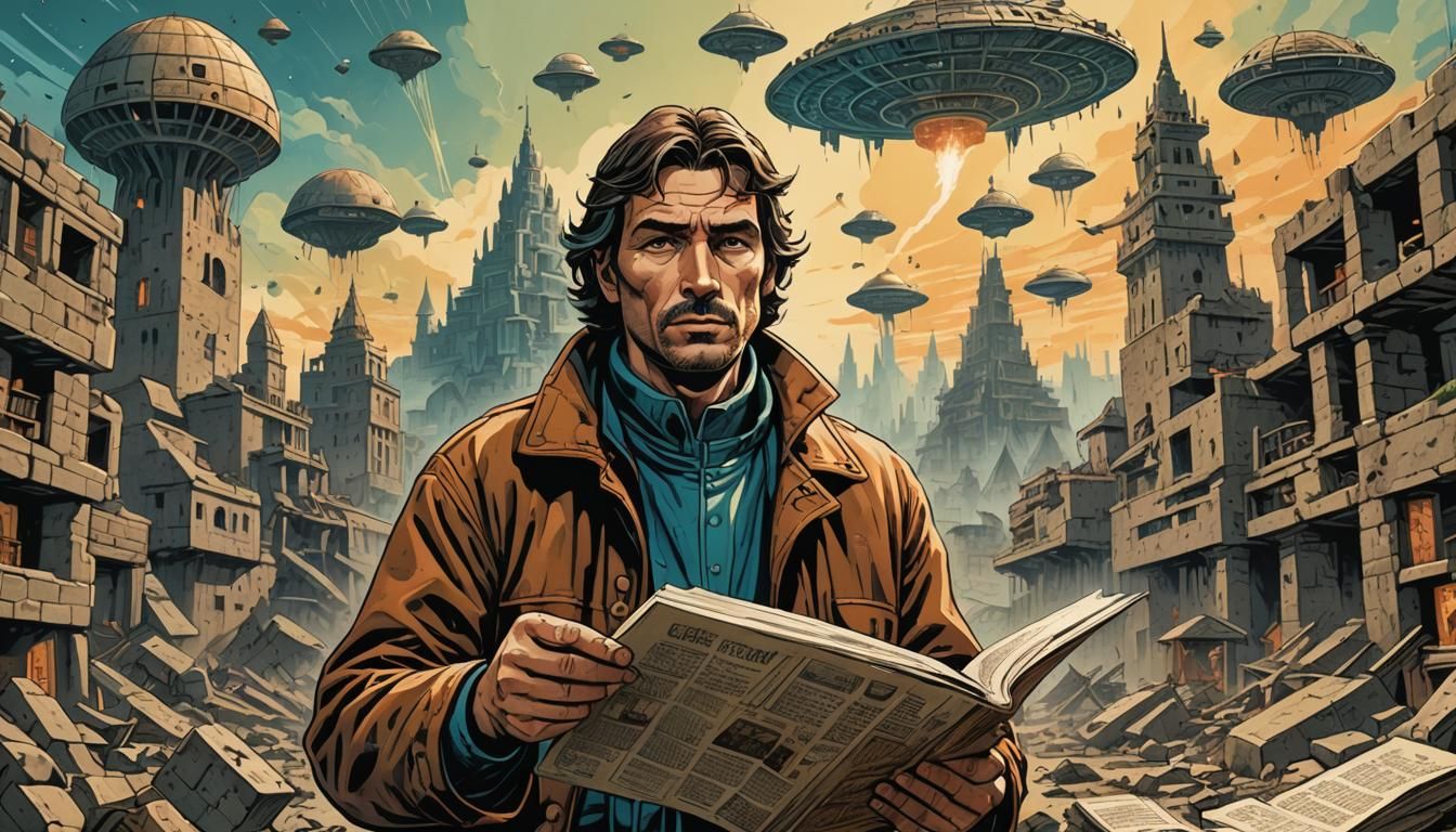 Archaeologist and UFOs in Retro-Futuristic Comic Style