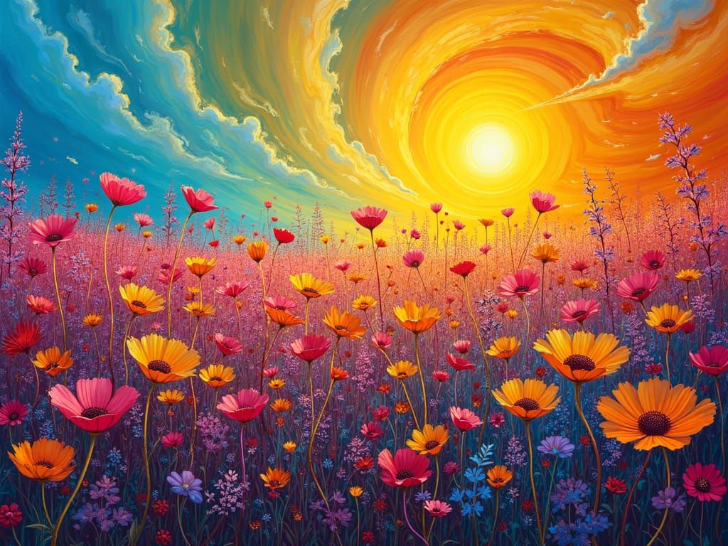 Vibrant, Dreamlike Wildflower Field in Electric Colors