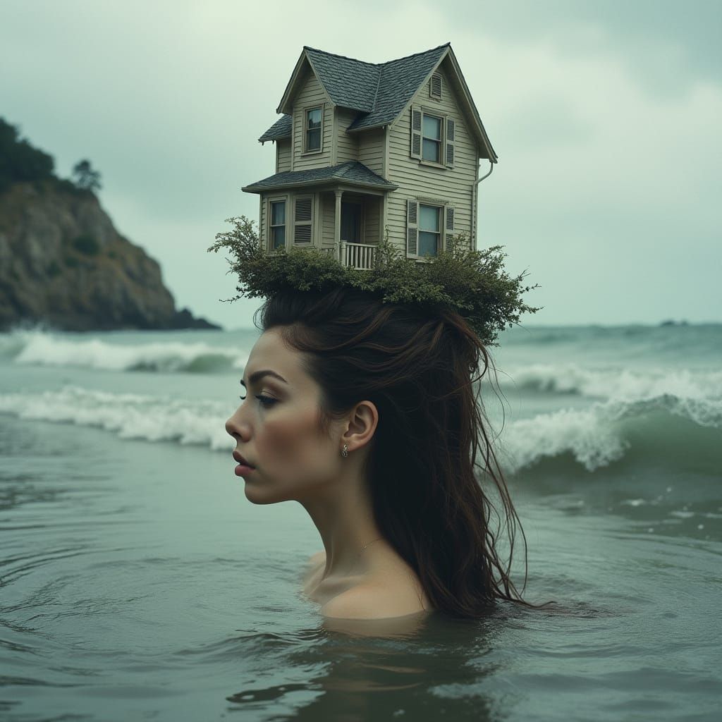 Surreal Woman with Victorian House on Head in Dramatic Seasc...