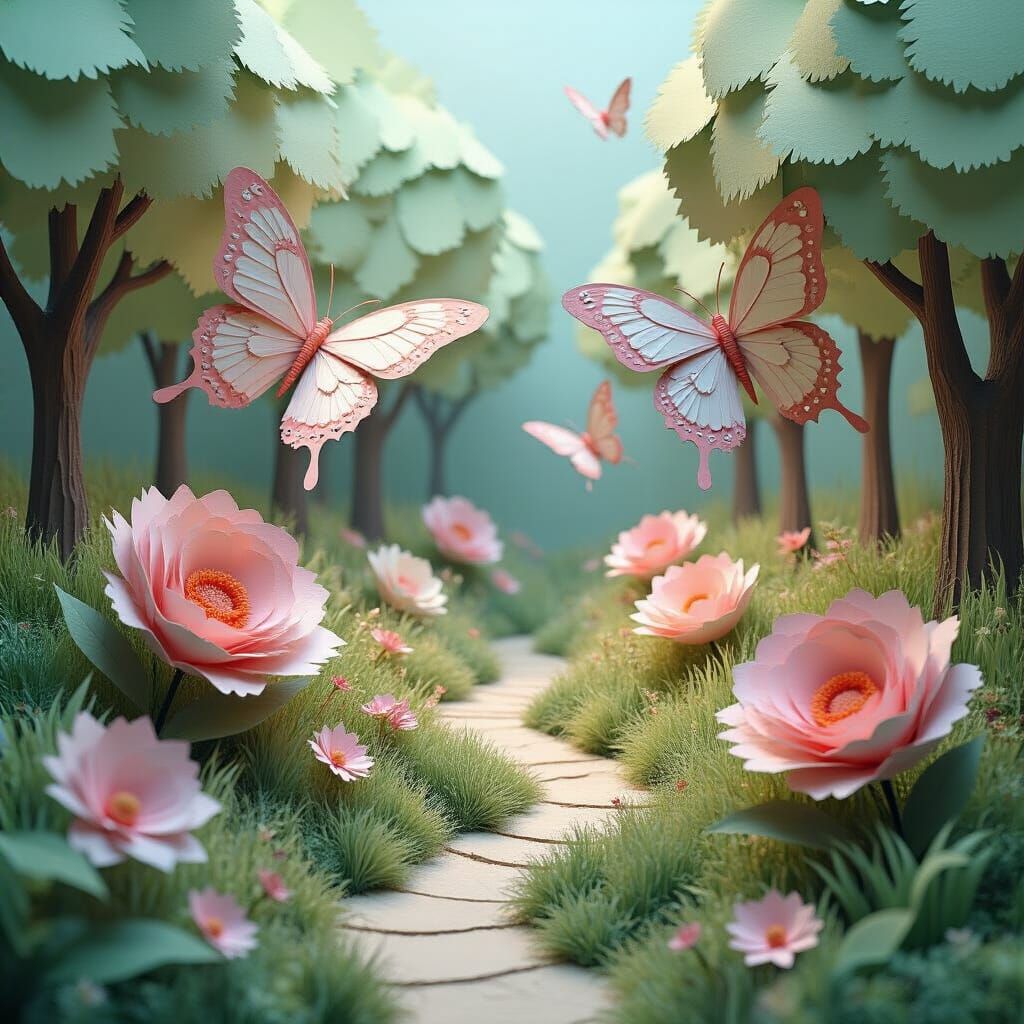 Surreal Paper Garden with Butterflies in CGI Papercraft