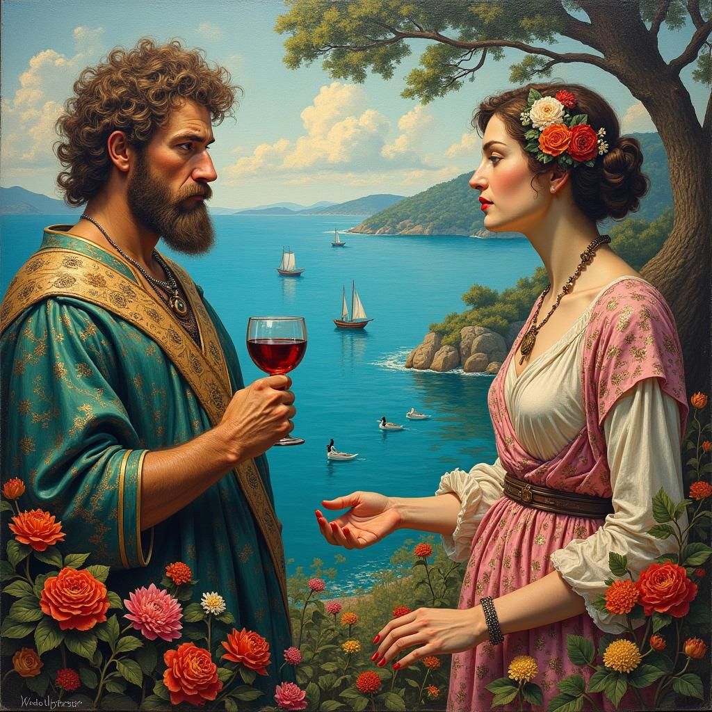 Baco and Venus in Neo-Impressionist Oil Painting