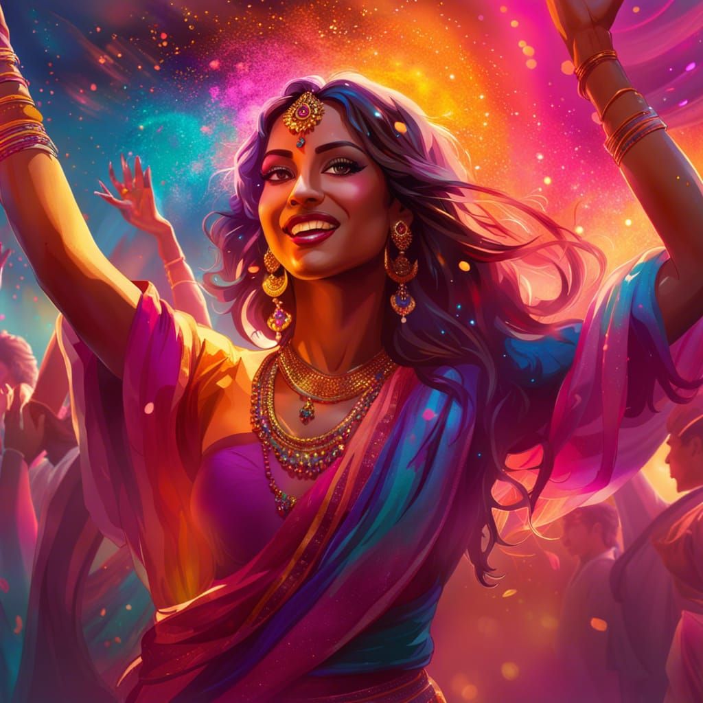 Woman Dancing at Holi Festival in Vibrant Colors