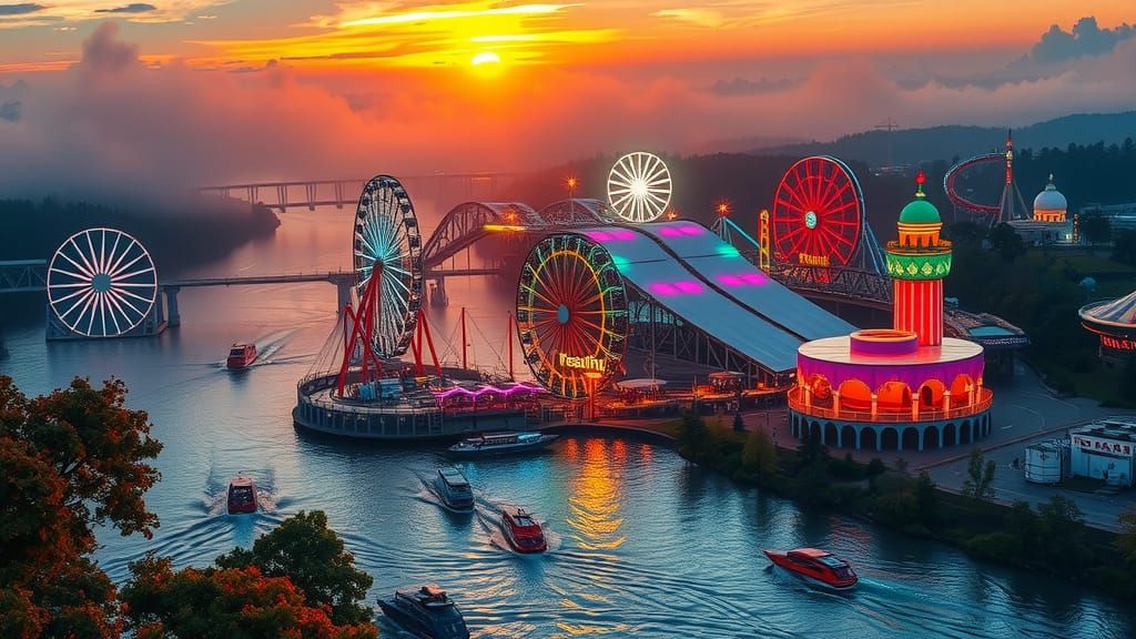 Futuristic River Amusement Park with Neon Lights