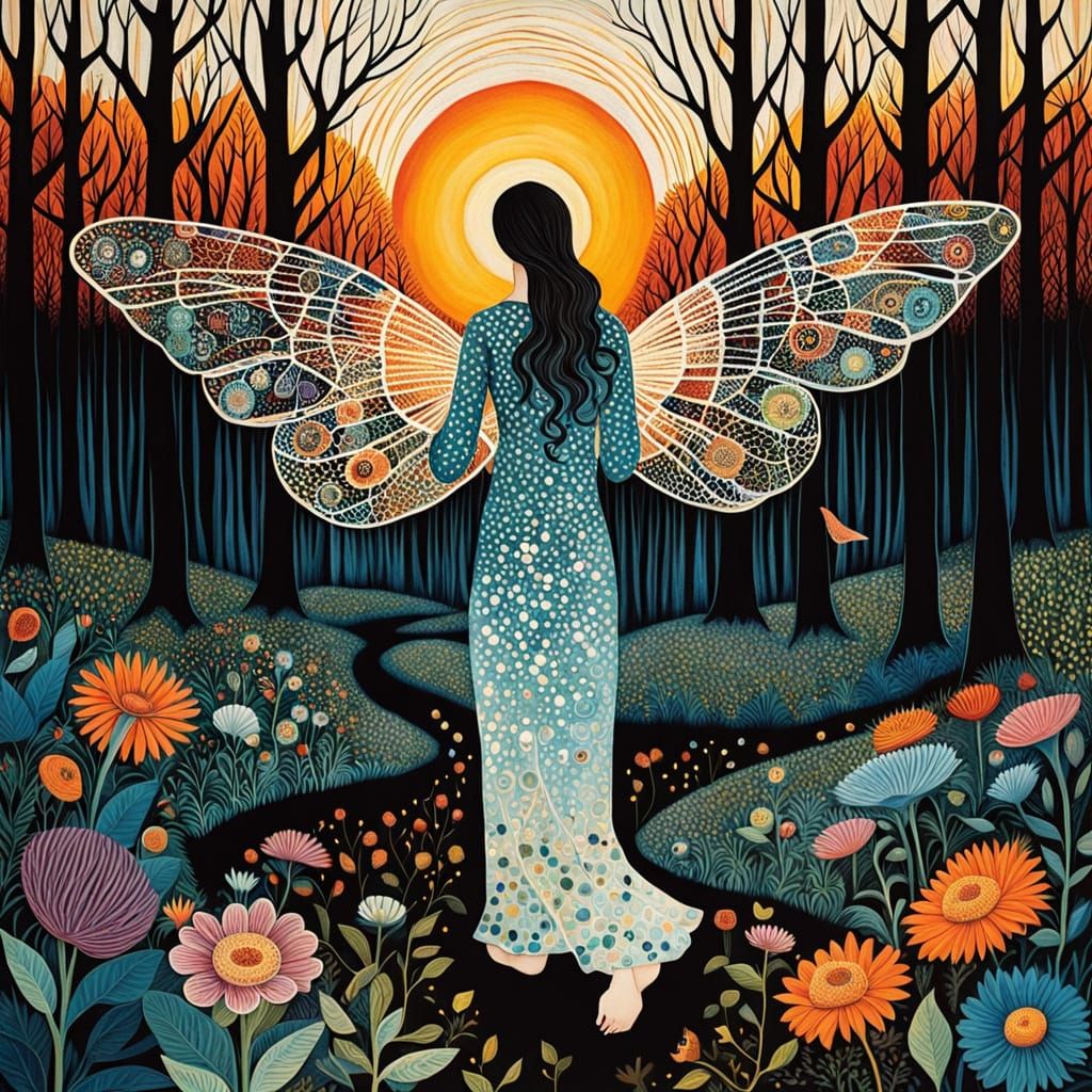 Dripping Paint Surrealism: Majestic Winged Woman in Forest