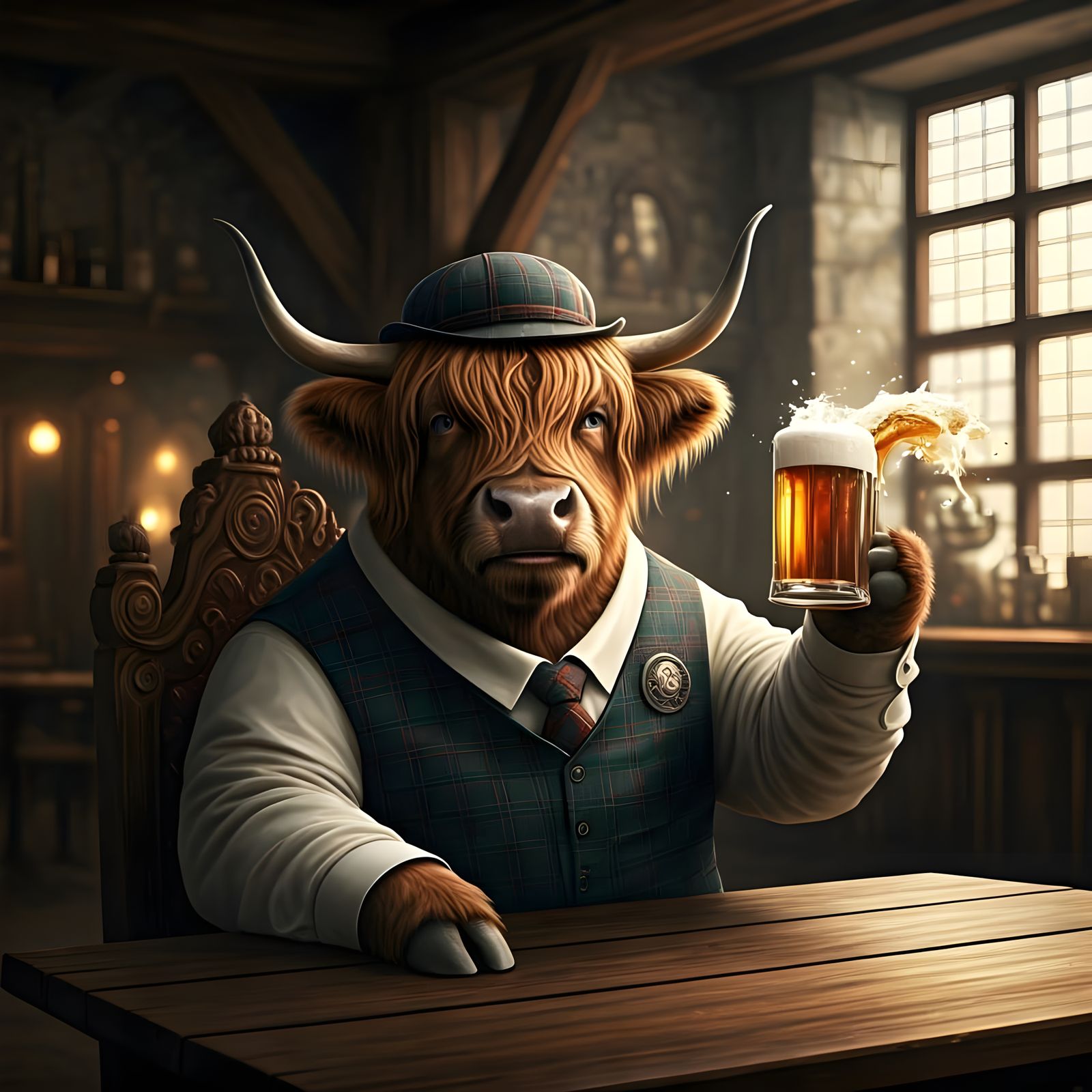 Highland Cow Enjoys Pint in Pub, Digital Painting