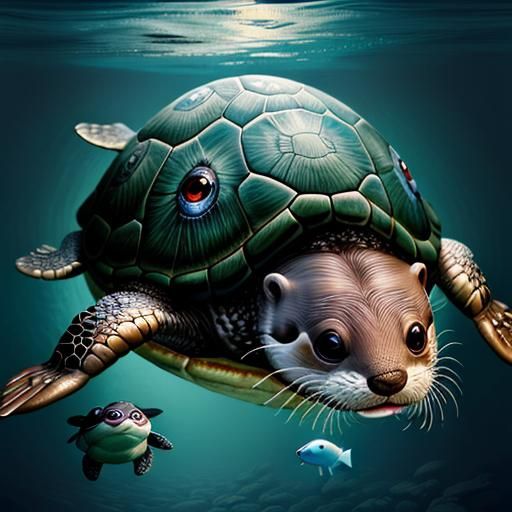 Surreal Otter-Turtle Hybrid Floats in Ocean: 3D Render