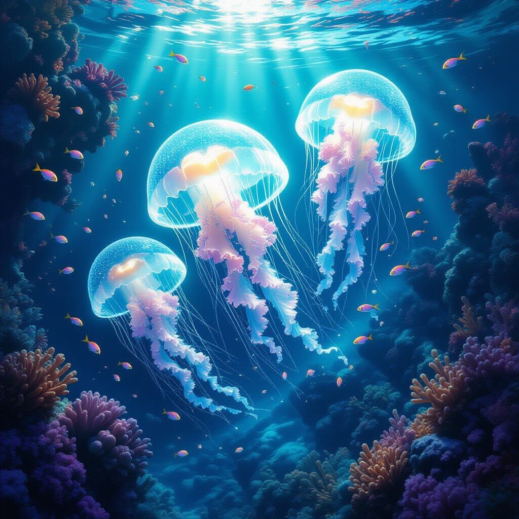 Bioluminescent Jellyfish in Alien Coral Reef, Hyperrealistic