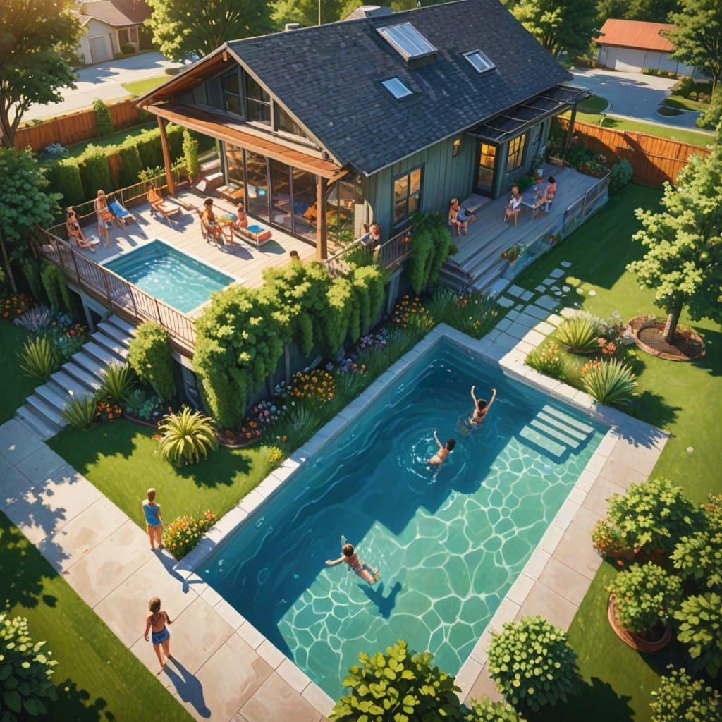 Children Splash in Pool by Modern Rustic House