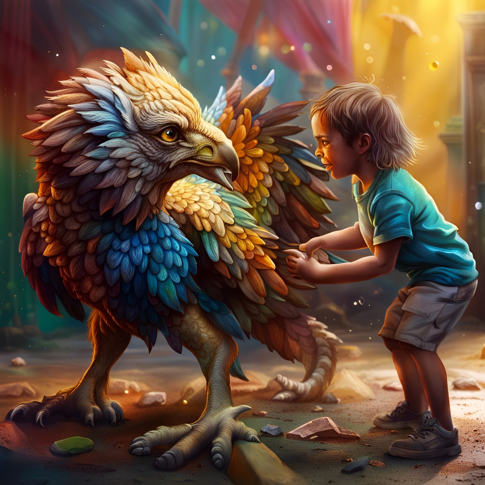 Children Play with a Baby Griffin: Hyperrealistic Art