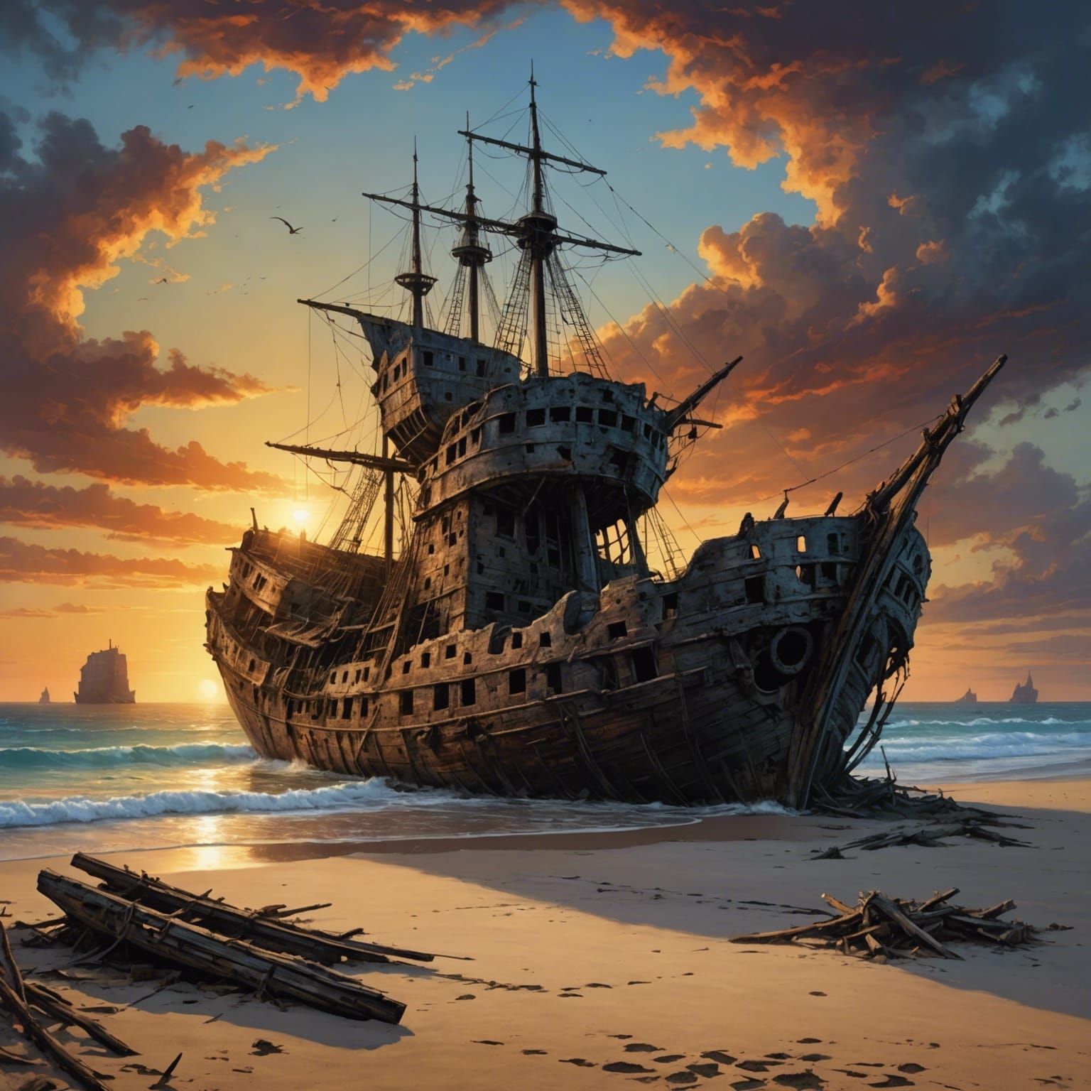 Beach Sunset Shipwreck in Dark Fantasy Style
