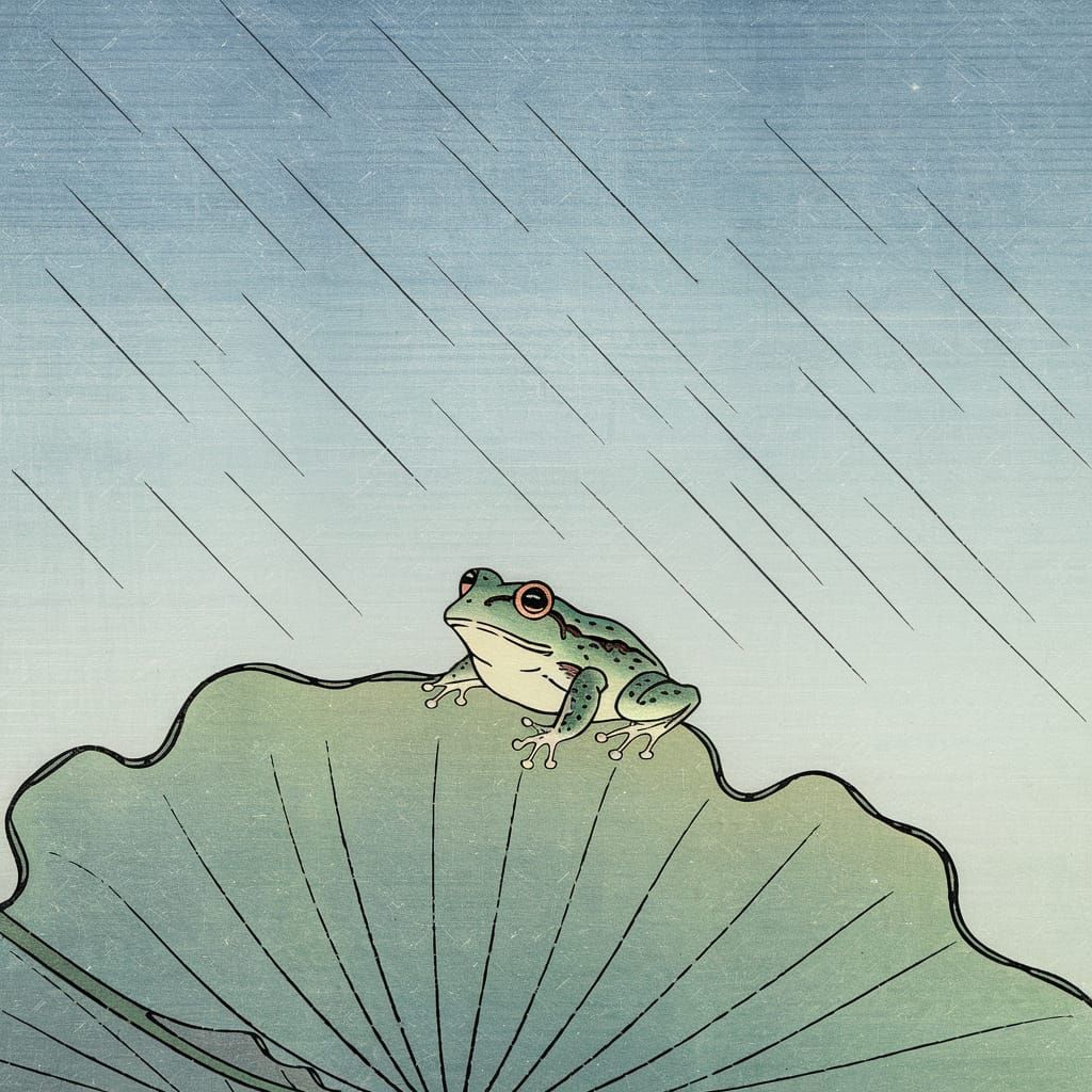 Minimalist Woodblock Print of a Frog in Rain