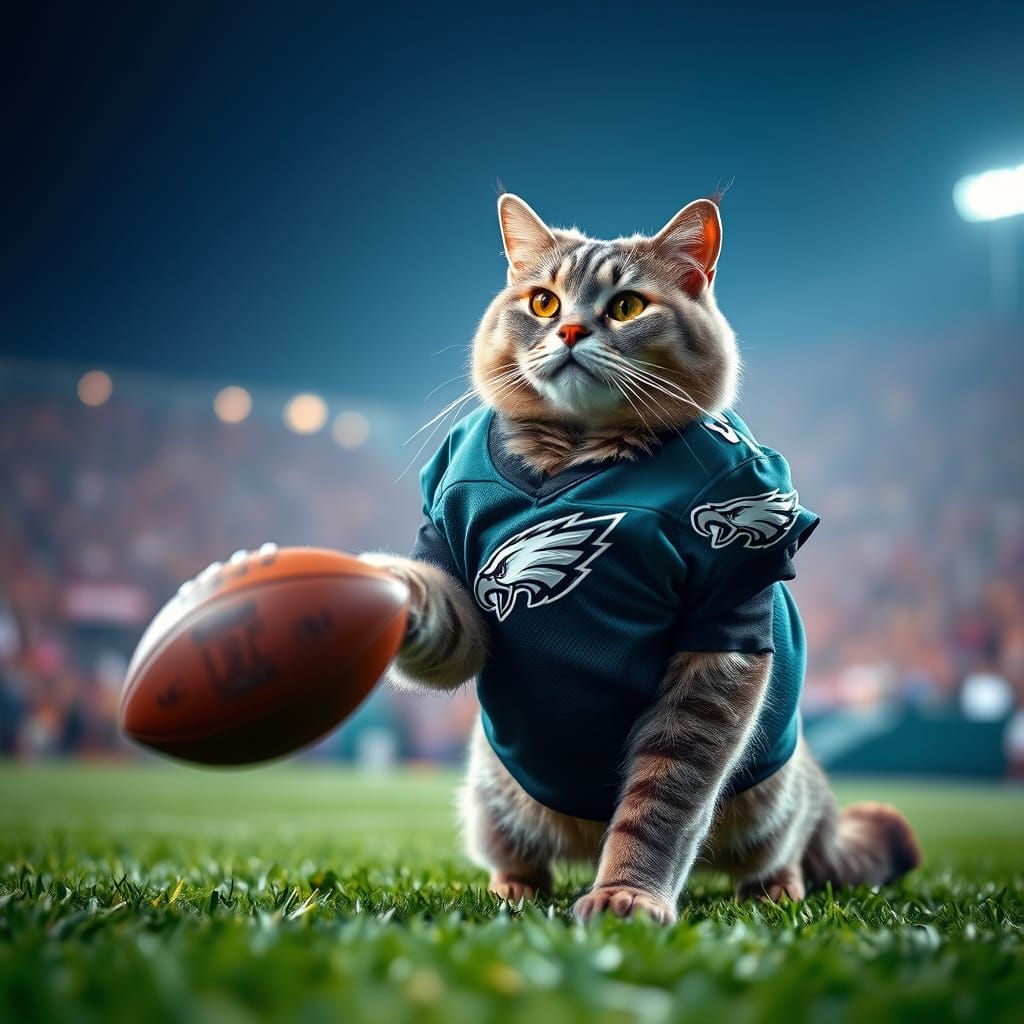 Confident Cat Throws Football in Eagles Jersey