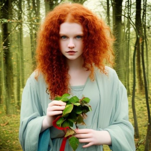 Beautiful Irish Girl with Red Rose in Forest