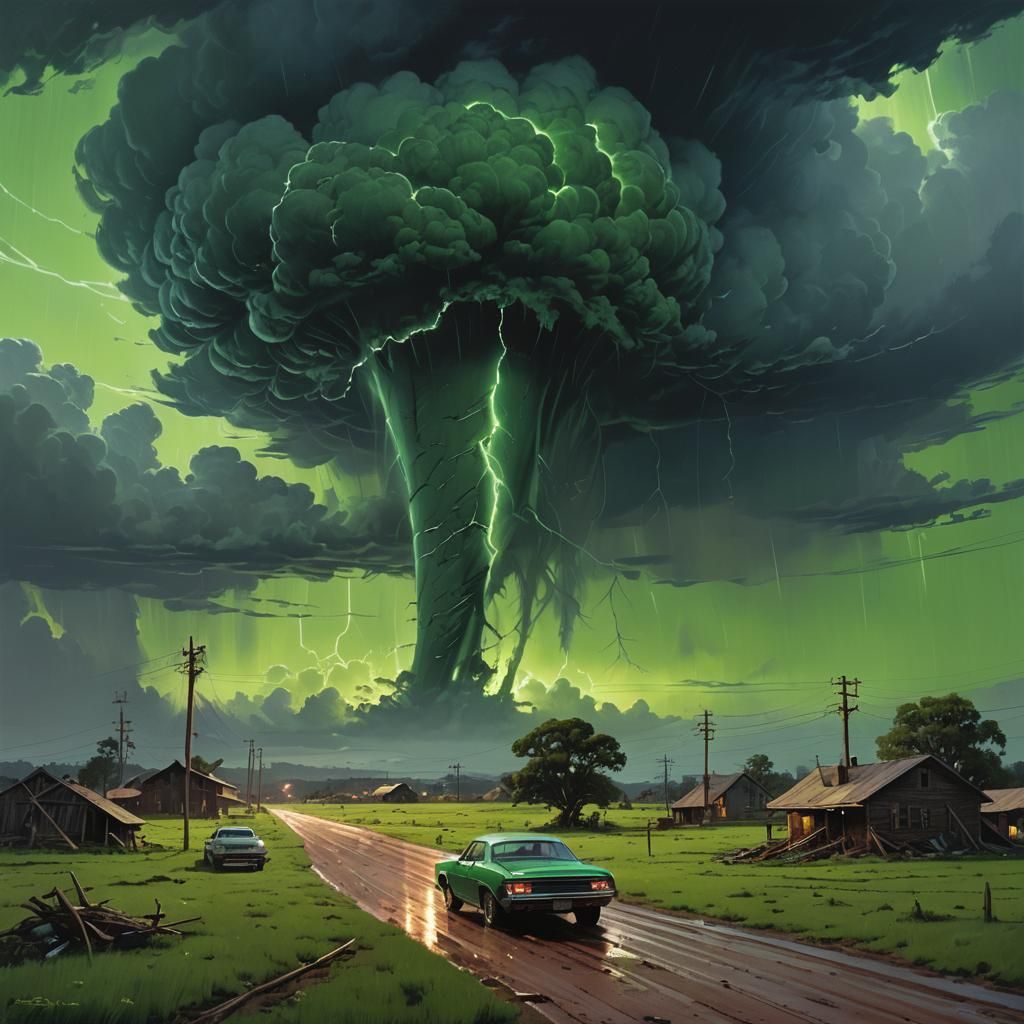 Powerful Tornado Rends Emerald Field in Sci-Fi Style