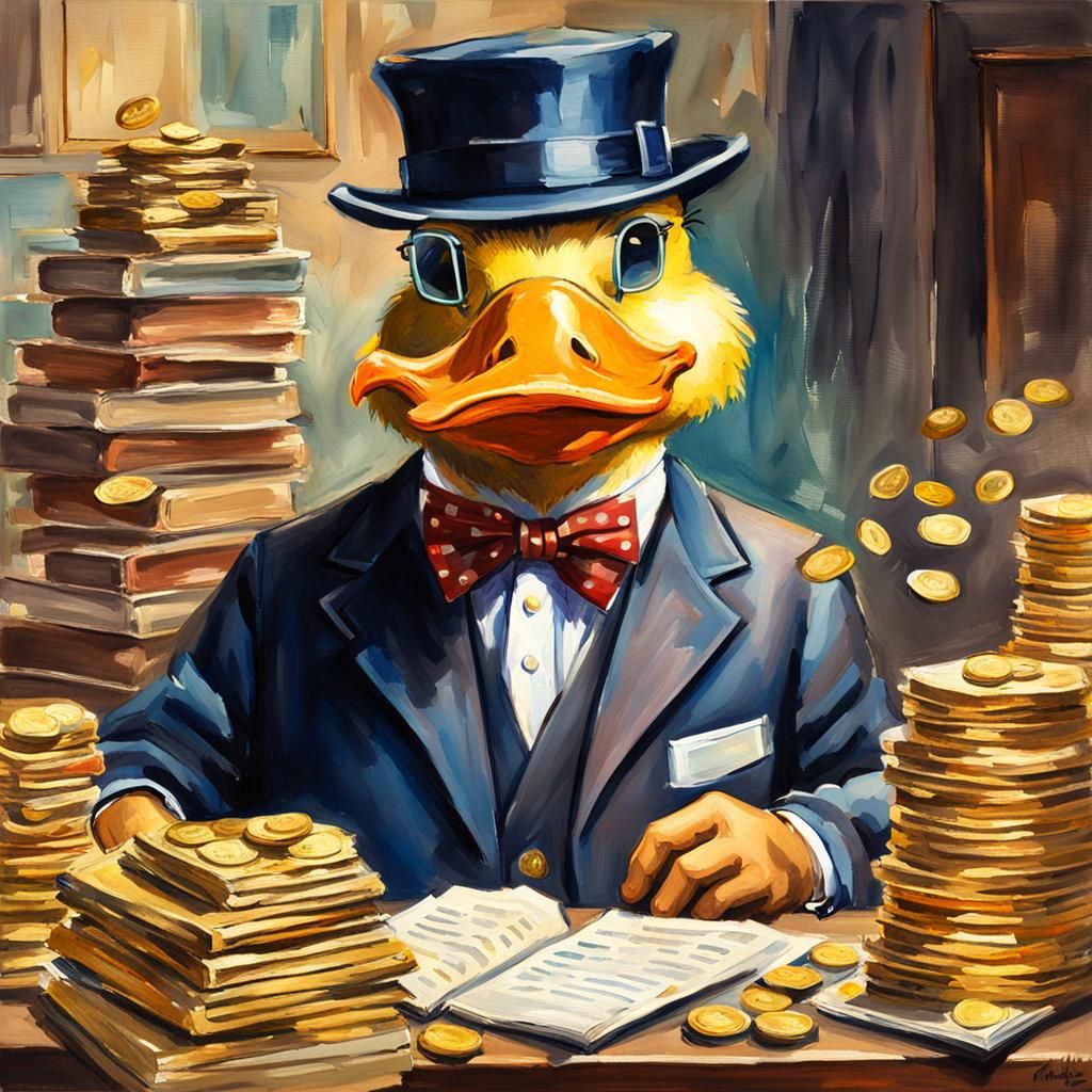Duck Businessman Auditing Gold Accounts as Gouache Painting