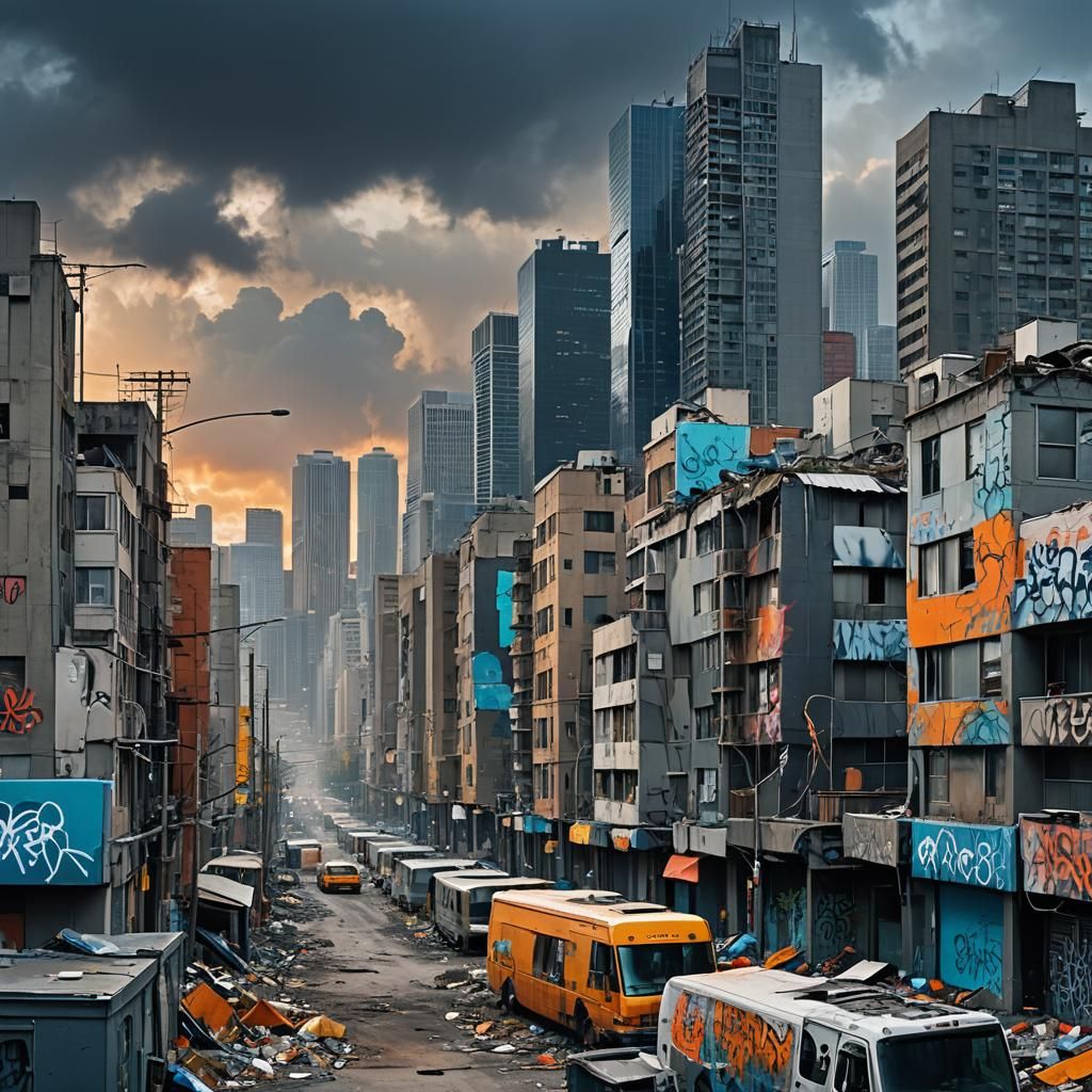 Urban Dichotomy: Cityscape vs. Dilapidated Neighborhood