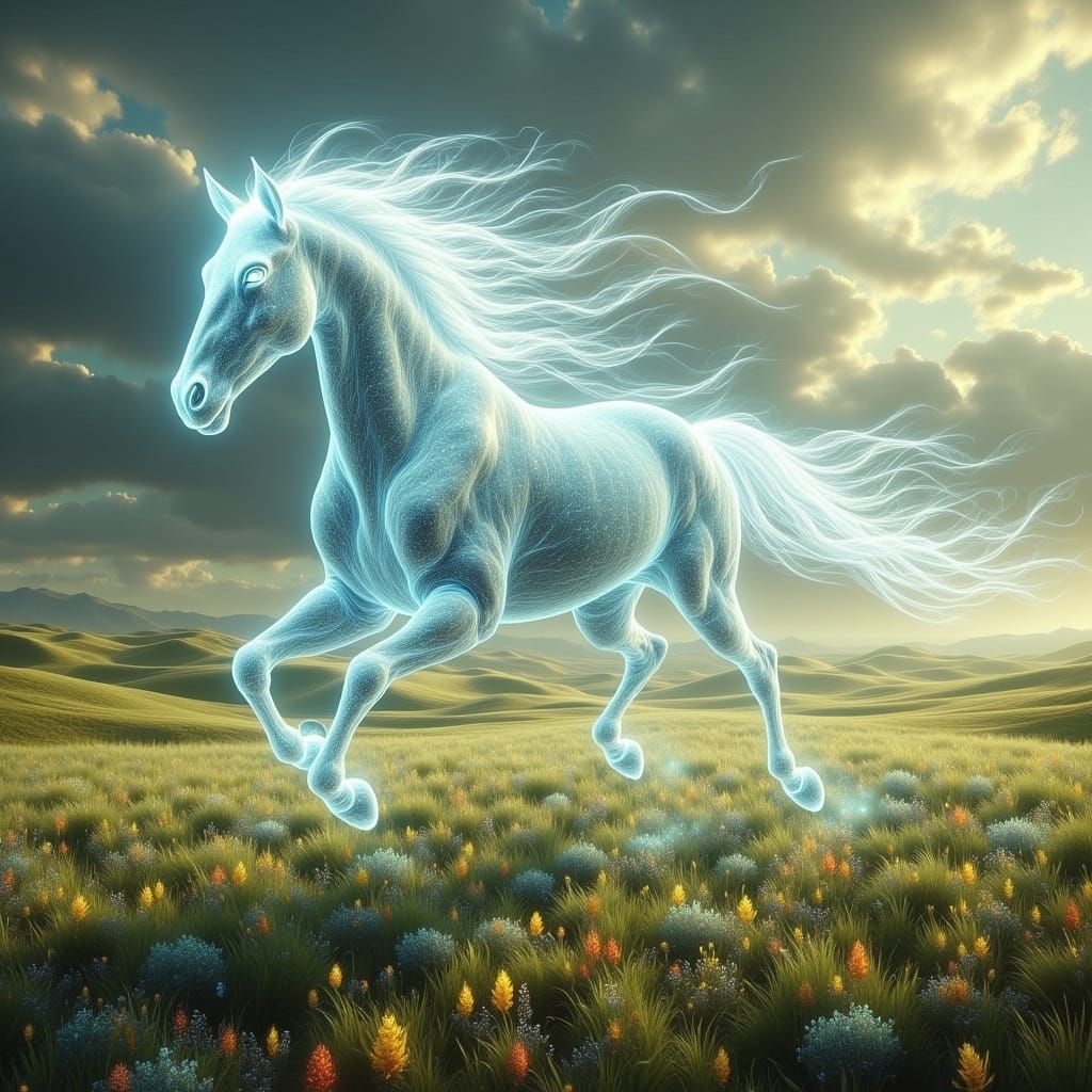 Radiant Horse Galloping Through Dreamlike Meadow