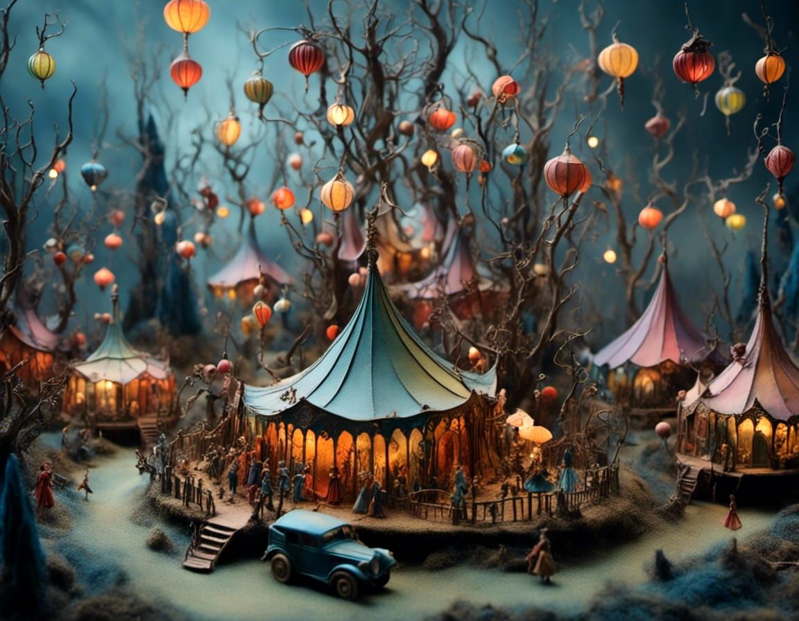 A Tim Burton diorama of a whimsical little circus scene <lora:Grace:1.0> <lora:Fae Flutter:1.0>