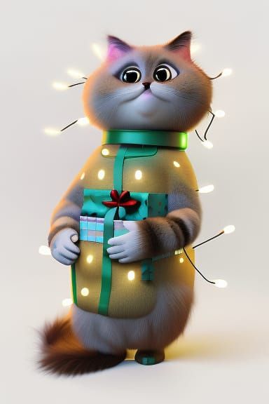"Fat fluffy long fur funny adorable cat wrapped in christmas lights " Pixar, Disney, concept art, 3d digital art, Maya 3...