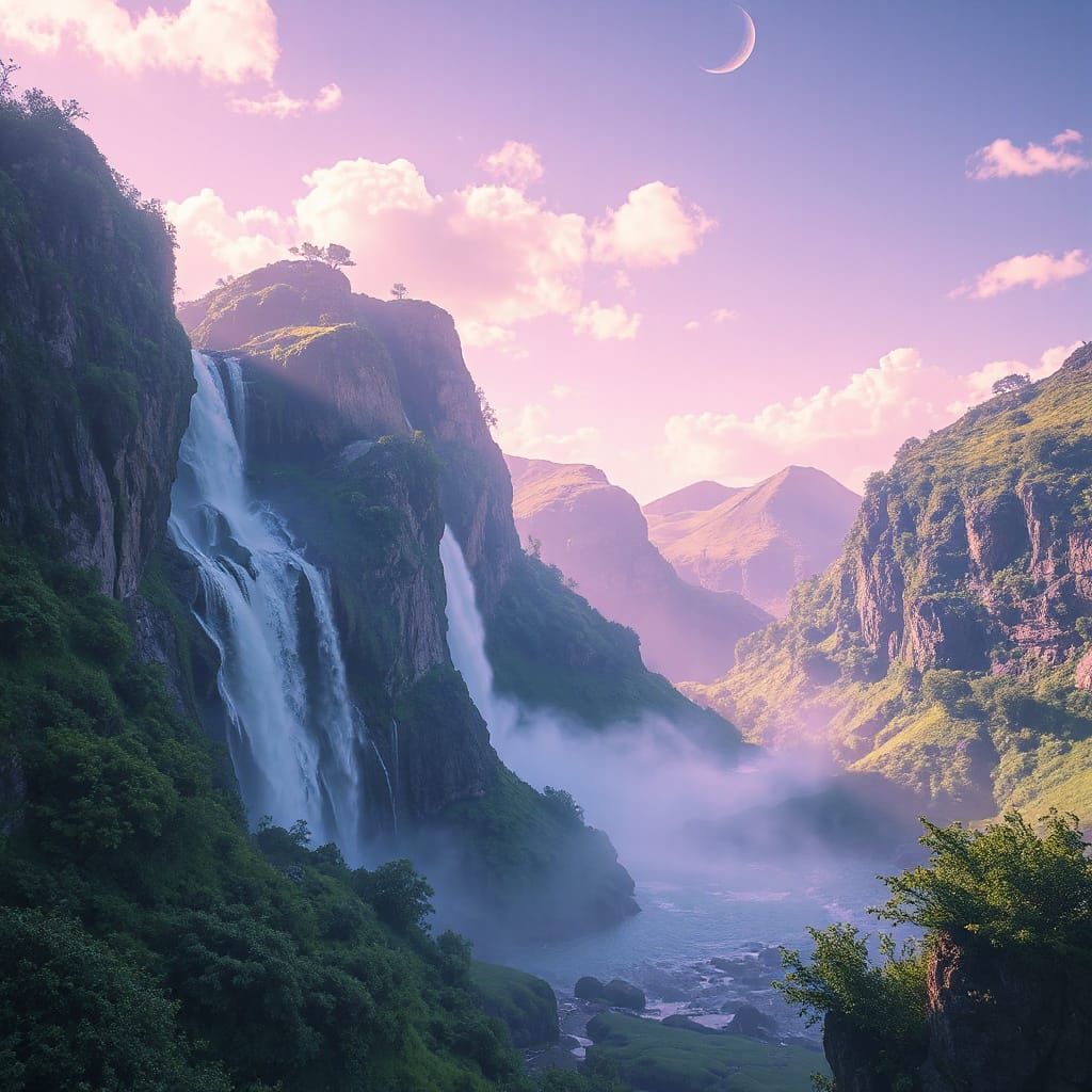 Lush Waterfalls Under Crescent Moon in Dreamy Landscape