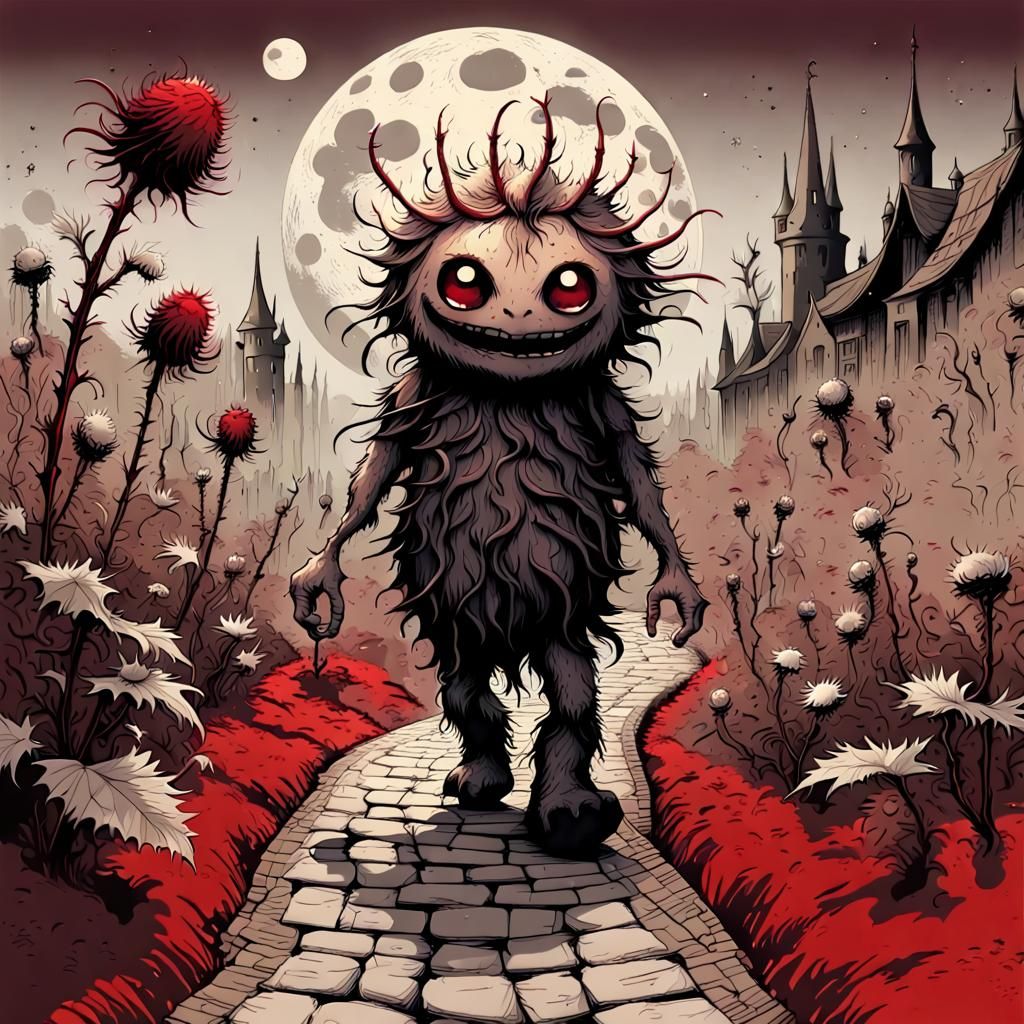 Fantasy Creature Walks to Moon in Sepia Tones