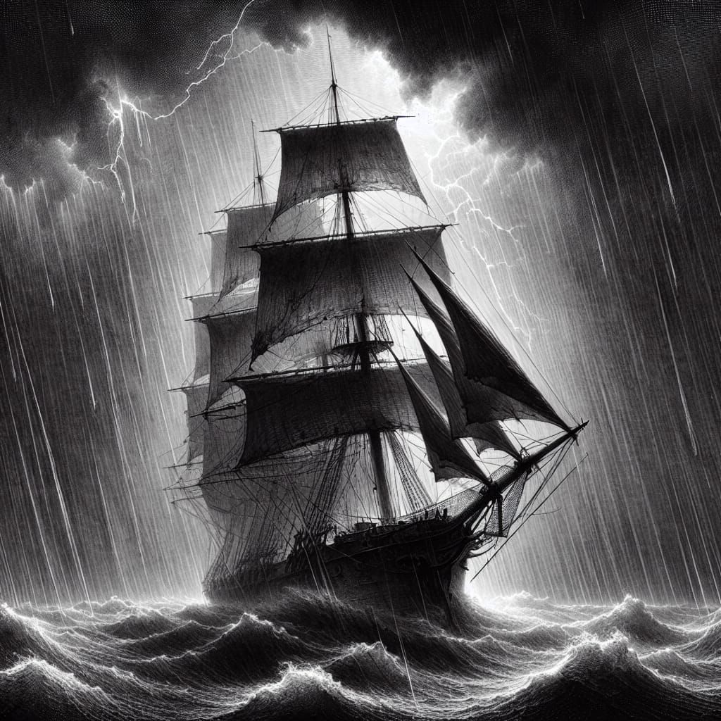 Ghostly Schooner Emerges from Storm as Engraving