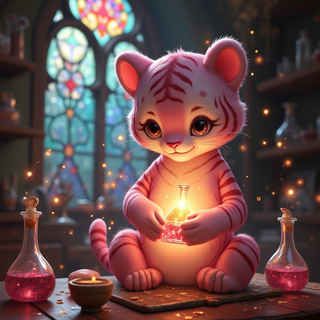 Delicate Pink Tiger Prepares Elixir of Love in Alchemical Ro...