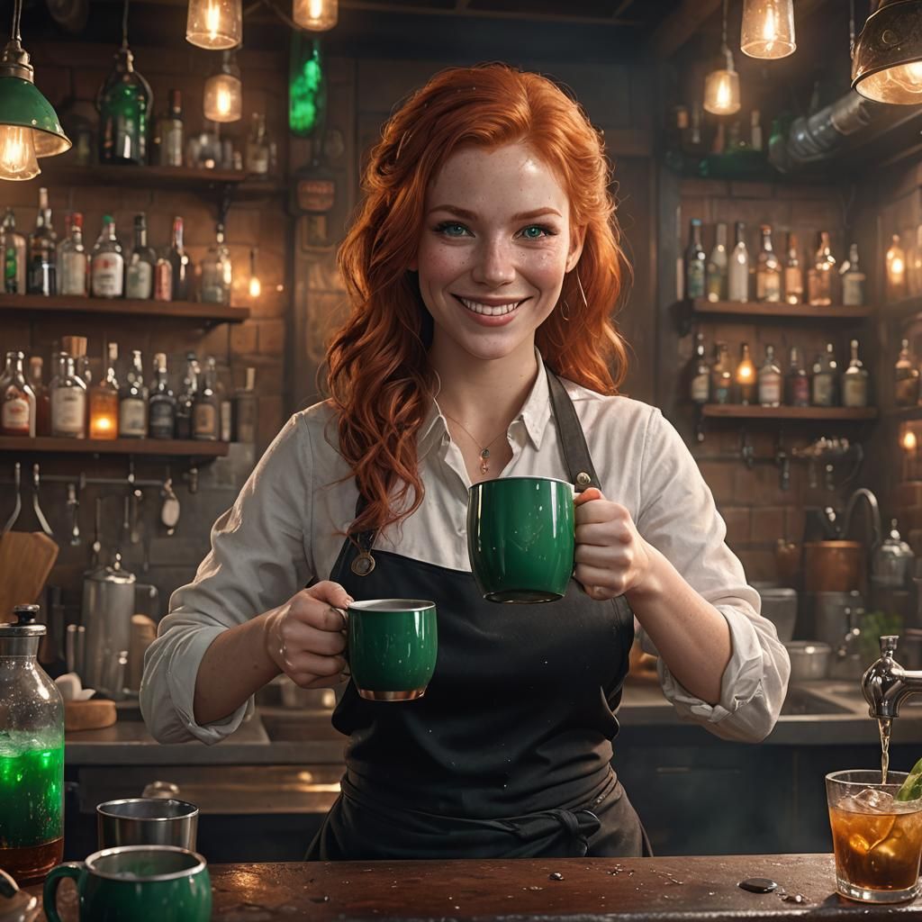 Red-Haired Bartender Washing Mug: Fantasy Concept Art