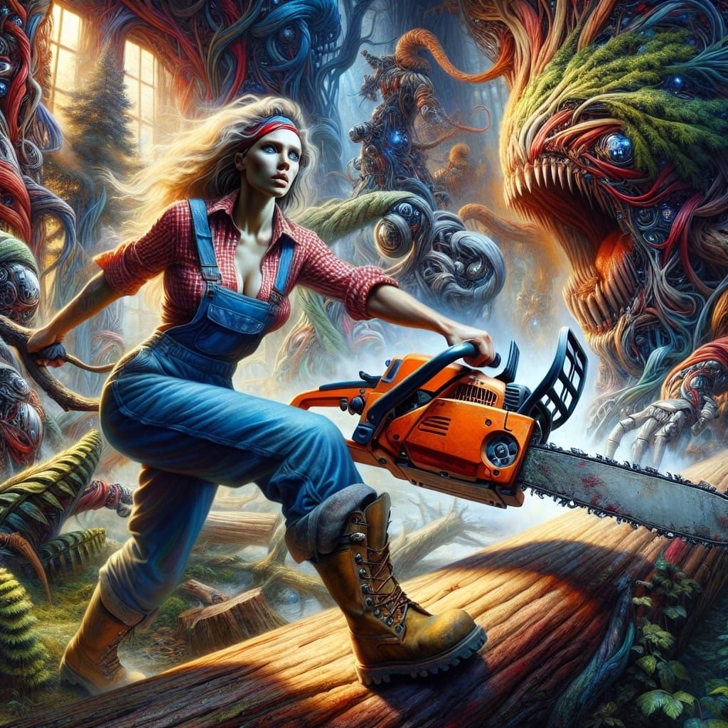 Surreal Biomechanical Forest Scene with Woman Felling Tree