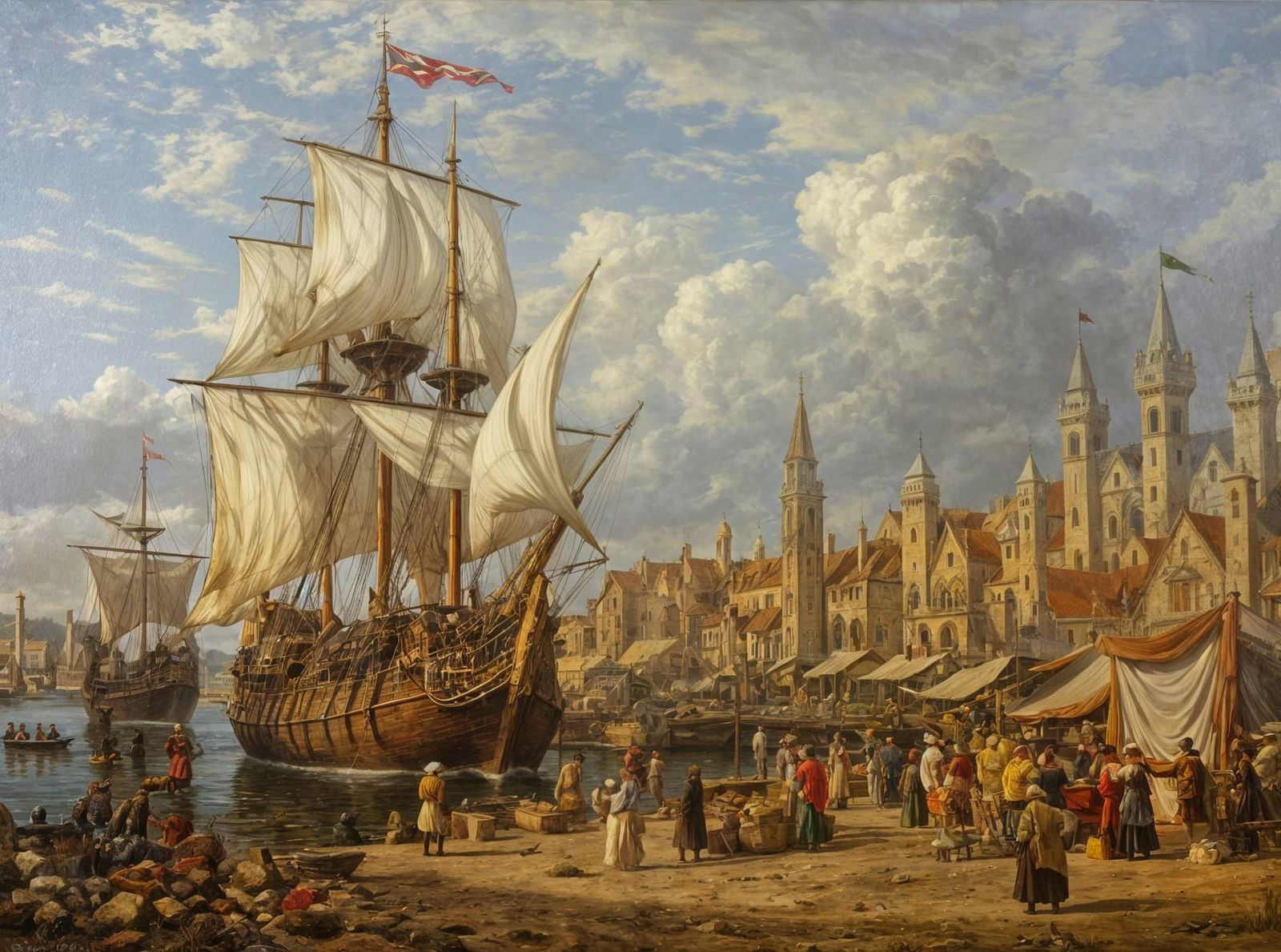 Bustling 15th-Century Harbor Scene as Oil Painting