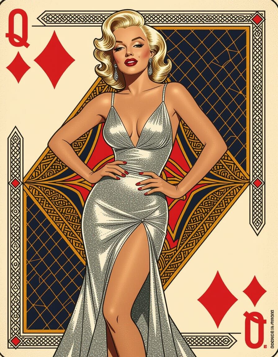 Marilyn Monroe Queen of Diamonds Card in Retro Comic Style