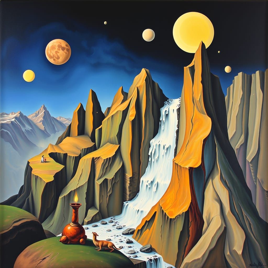 Surreal Mountain Waterfall in Merging Landscape
