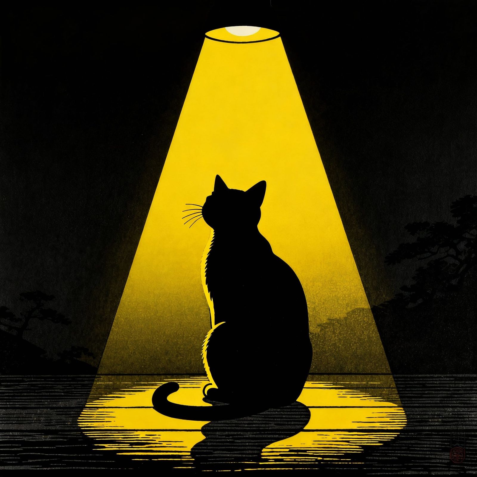 Cat in Dramatic Spotlight, Graphic Woodcut Style