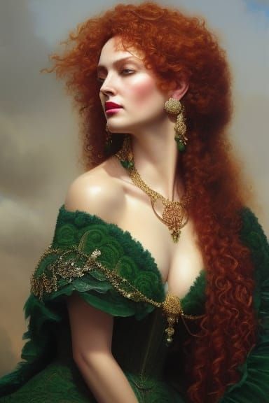 Red-Headed Goddess Portrait with Green Dress