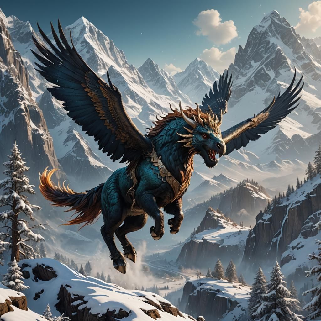 Hippogriff Soaring Over Snowy Mountains in Fantasy Art