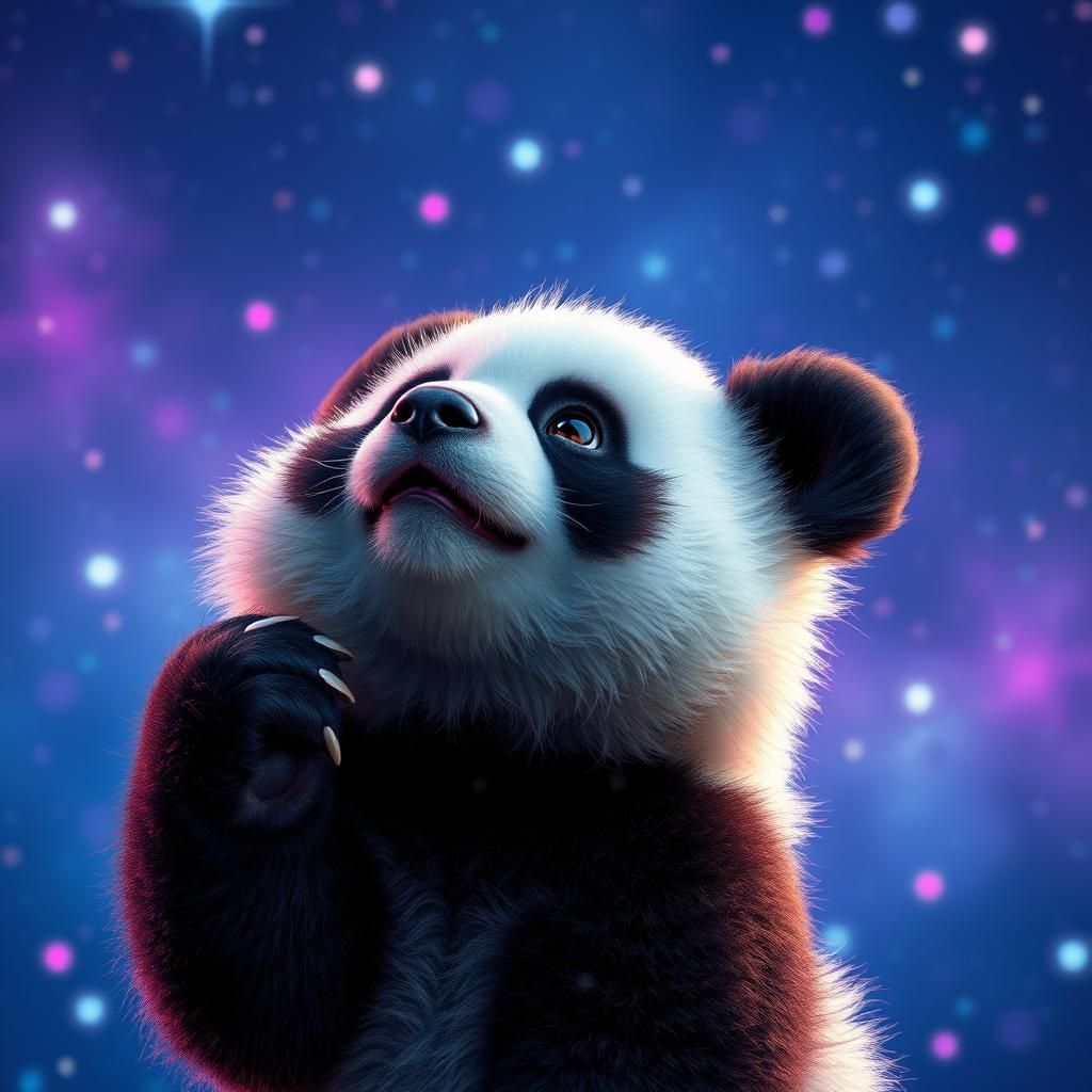 Baby Panda Gazing at Starry Night Sky