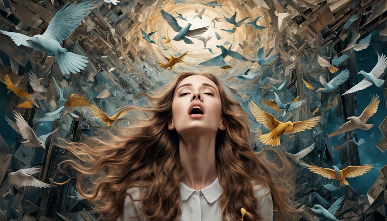 Surrealist Woman Shatters Mirrors in Dreamlike Cosmic Scene