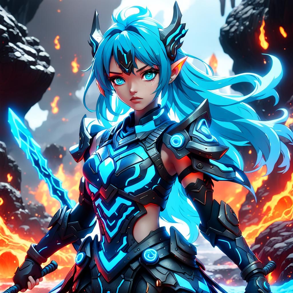 Neon Lava Warrior Anime Girl: Detailed Digital Art