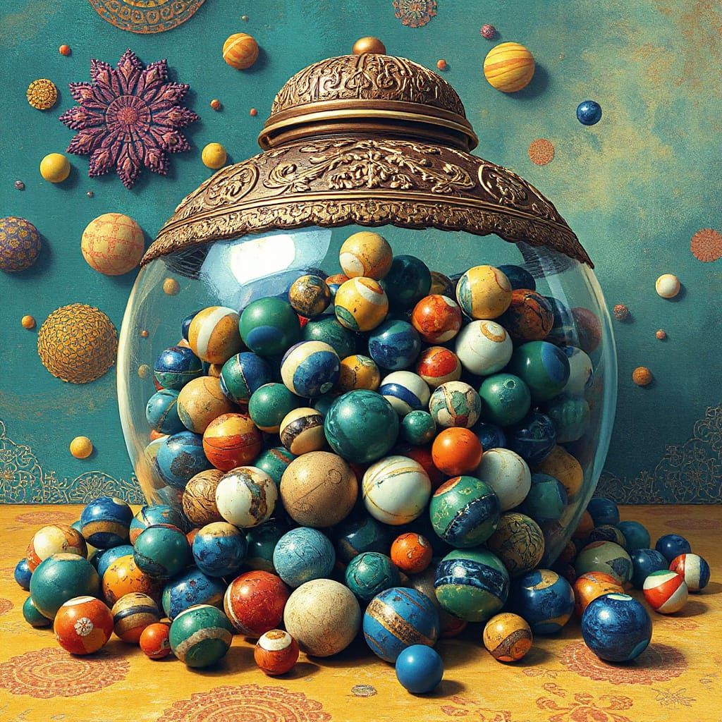 Ornate Jar Overflowing with Colorful Marbles, Dreamlike Illu...