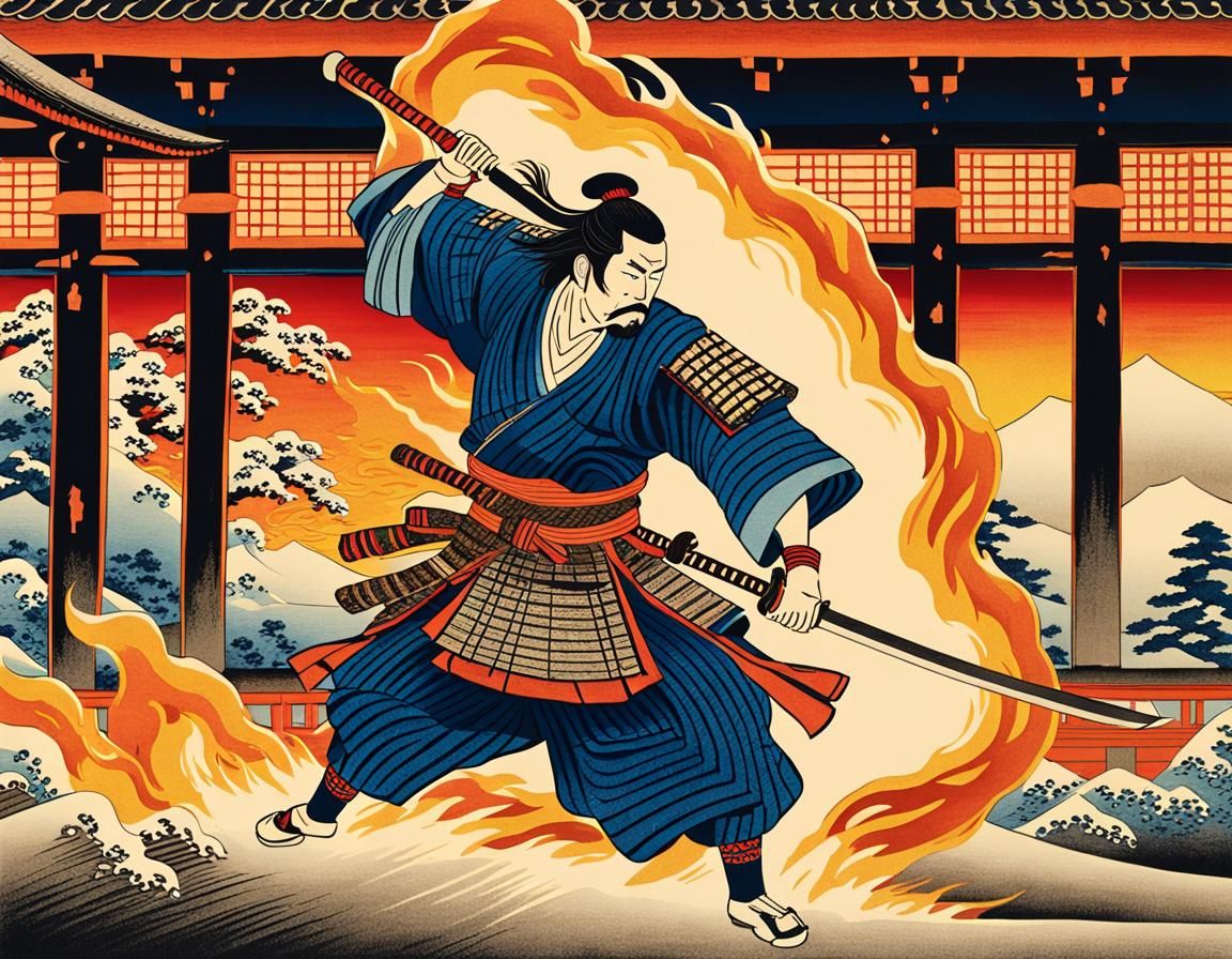 Samurai Warrior in Burning Temple: Ukiyo-e Style