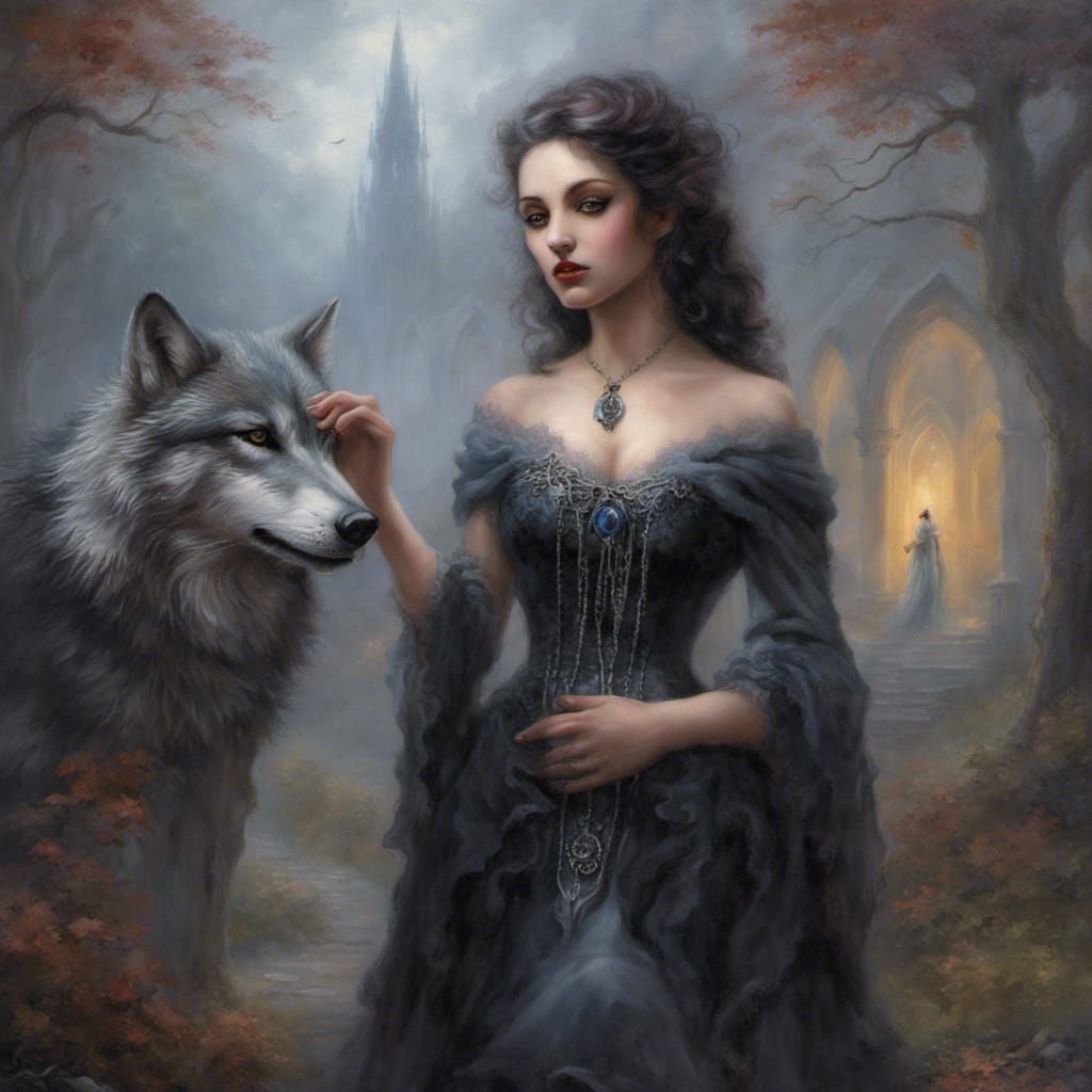 Gothic Woman with Wolf in Ethereal Fantasy Style
